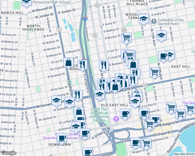 map of restaurants, bars, coffee shops, grocery stores, and more near 1011 Doctor Martin Luther King Junior Drive in Pensacola