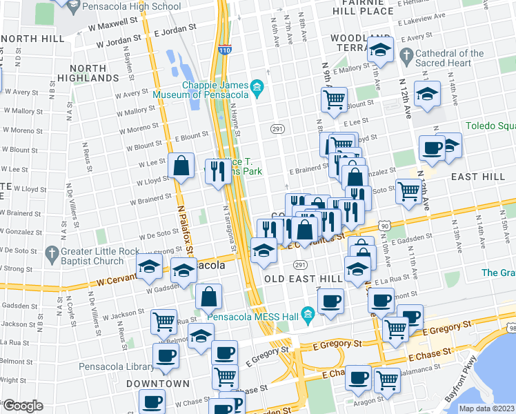 map of restaurants, bars, coffee shops, grocery stores, and more near 1011 Doctor Martin Luther King Junior Drive in Pensacola