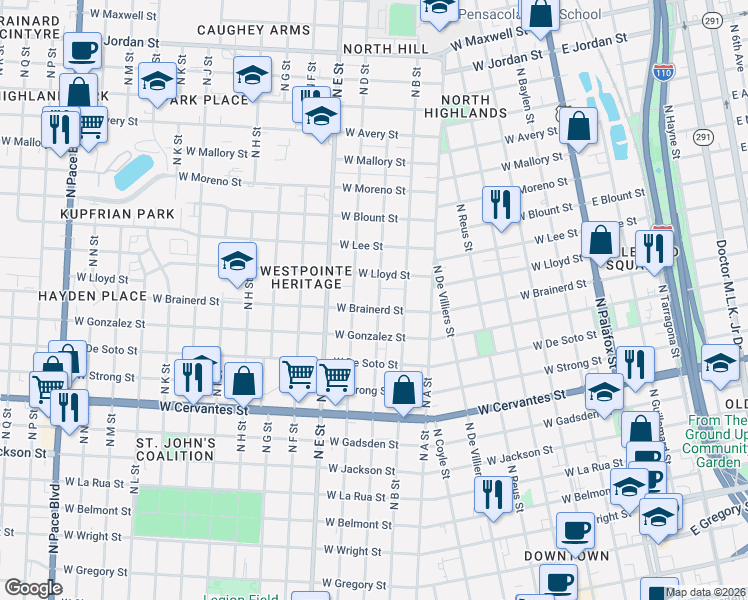 map of restaurants, bars, coffee shops, grocery stores, and more near 1209 North C Street in Pensacola