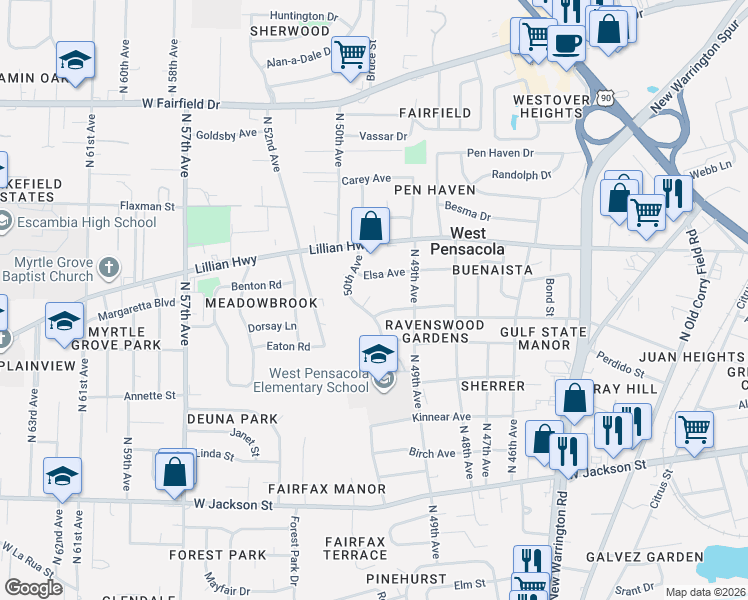 map of restaurants, bars, coffee shops, grocery stores, and more near 4 Haven Court in Pensacola