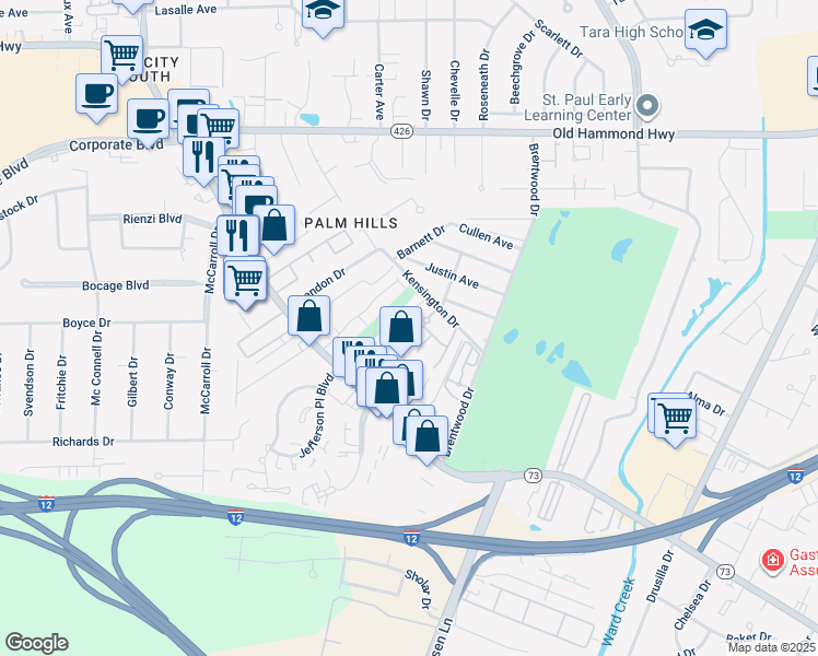 map of restaurants, bars, coffee shops, grocery stores, and more near 8133 Jefferson Highway in Baton Rouge