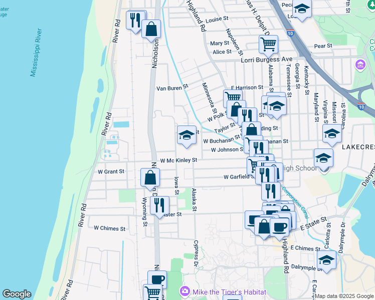 map of restaurants, bars, coffee shops, grocery stores, and more near 650 W East McKinley Street in Baton Rouge