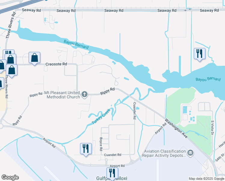 map of restaurants, bars, coffee shops, grocery stores, and more near 14115 Rippy Road in Gulfport