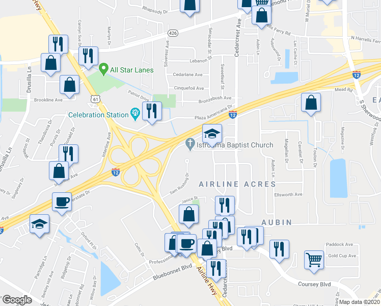 map of restaurants, bars, coffee shops, grocery stores, and more near 10500 Sam Rushing Drive in Baton Rouge