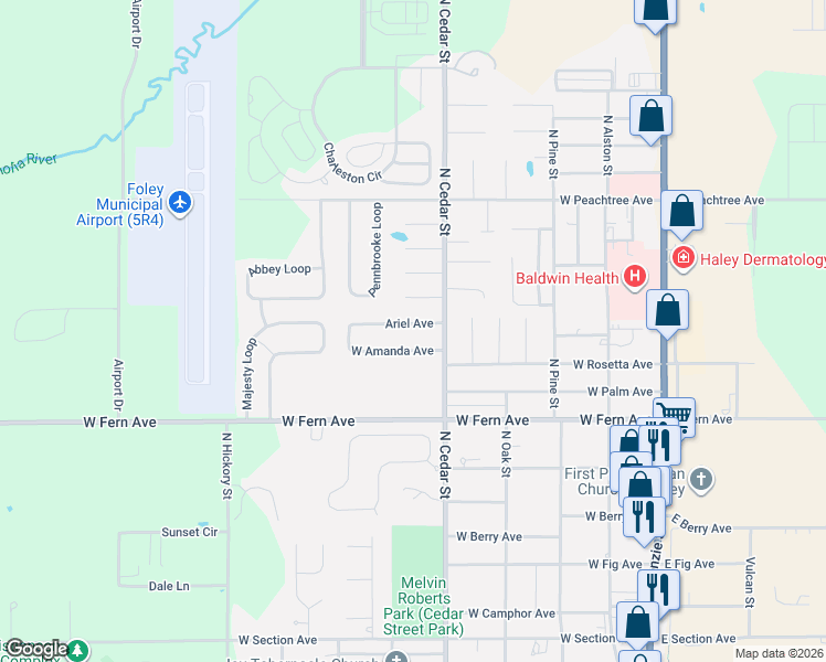 map of restaurants, bars, coffee shops, grocery stores, and more near 509 West Amanda Avenue in Foley