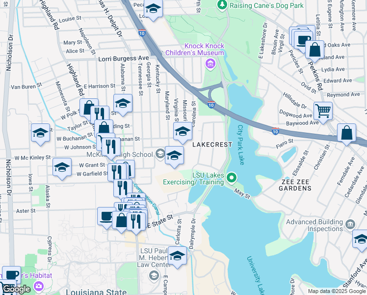 map of restaurants, bars, coffee shops, grocery stores, and more near 1222 East Buchanan Street in Baton Rouge