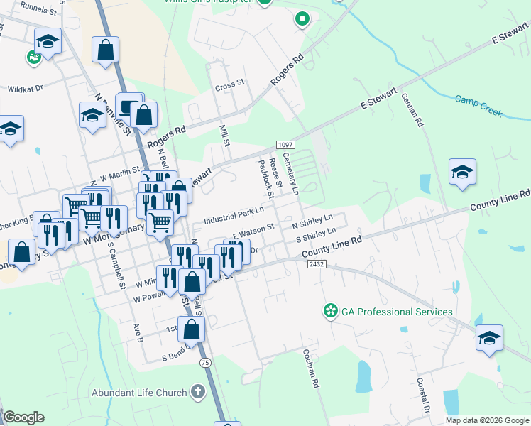 map of restaurants, bars, coffee shops, grocery stores, and more near 408 Industrial Park Lane in Willis