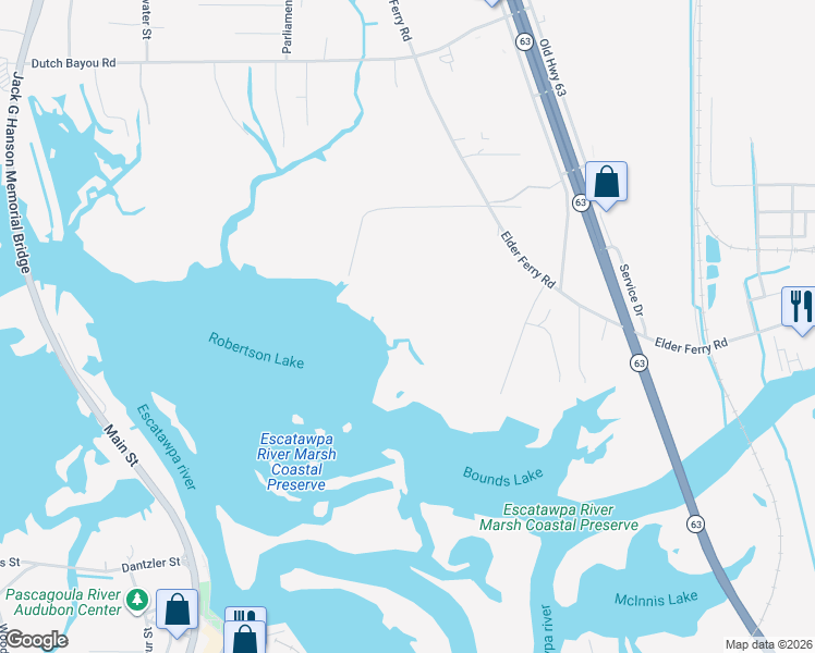 map of restaurants, bars, coffee shops, grocery stores, and more near 4813 Miller Street in Moss Point