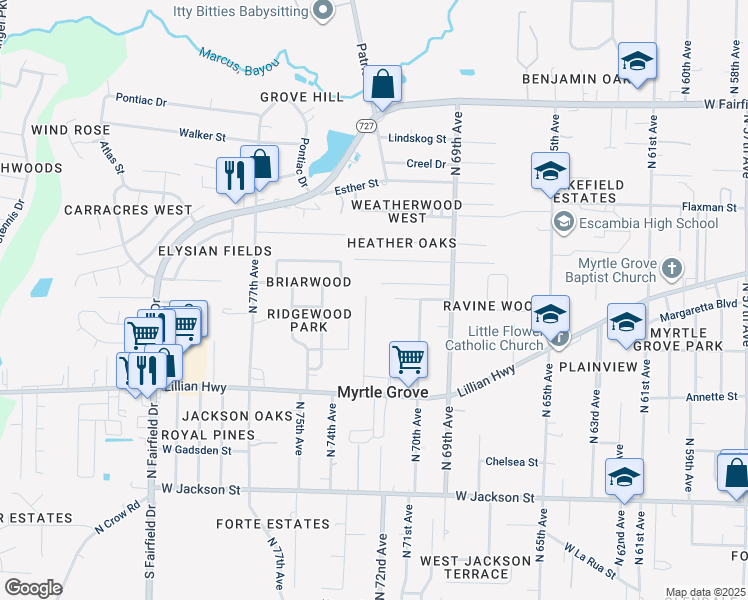 map of restaurants, bars, coffee shops, grocery stores, and more near 1010 North 72nd Avenue in Pensacola