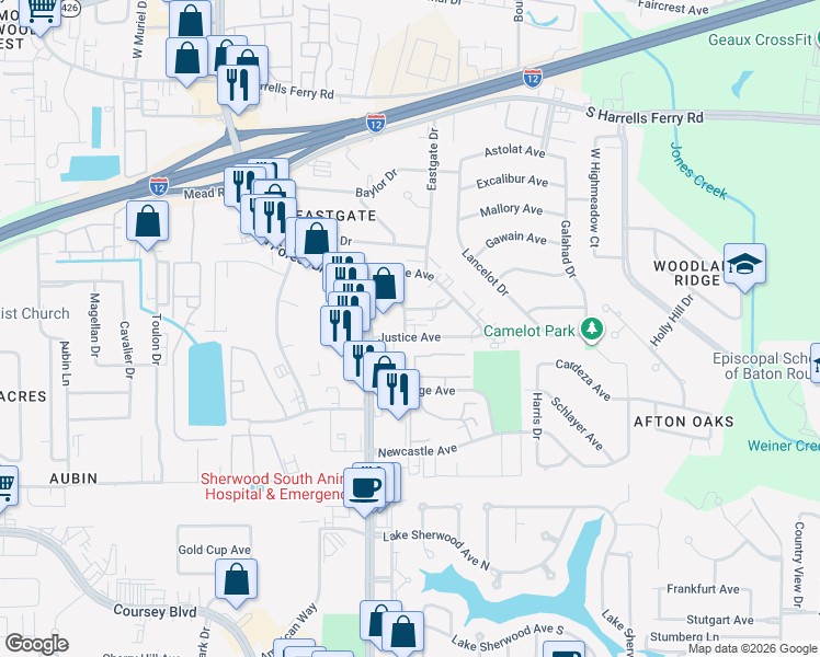 map of restaurants, bars, coffee shops, grocery stores, and more near 11815 Justice Avenue in Baton Rouge