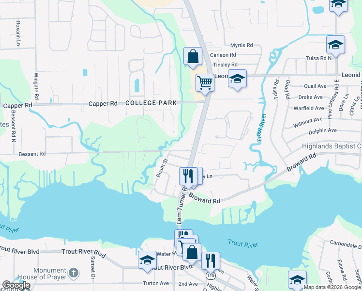 map of restaurants, bars, coffee shops, grocery stores, and more near 10414 Lem Turner Road in Jacksonville