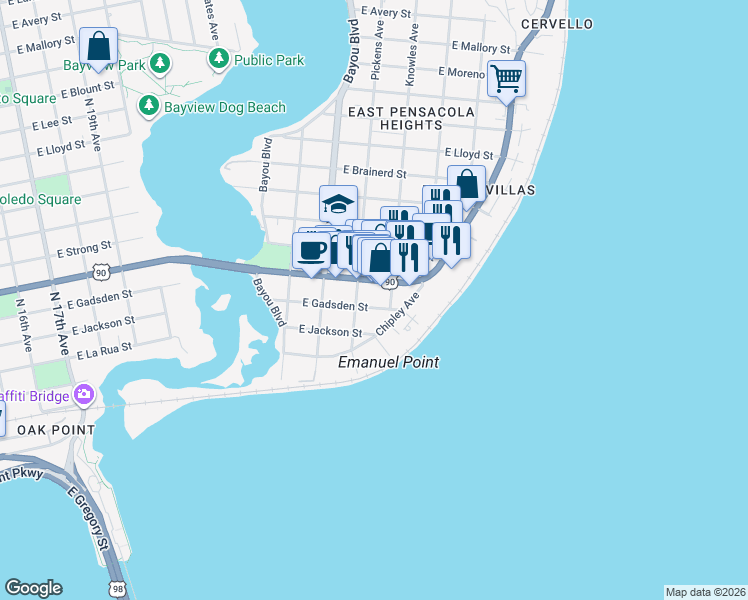 map of restaurants, bars, coffee shops, grocery stores, and more near 3004 East Gadsden Street in Pensacola