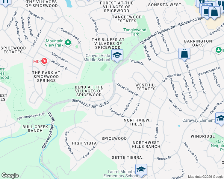 map of restaurants, bars, coffee shops, grocery stores, and more near 10721 Bay Laurel Trail in Austin