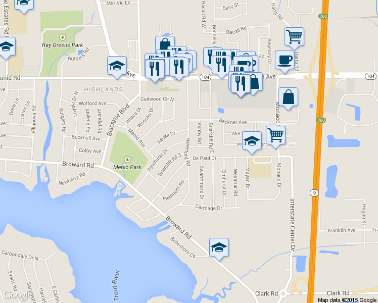 map of restaurants, bars, coffee shops, grocery stores, and more near 10423 Haverford Road in Jacksonville