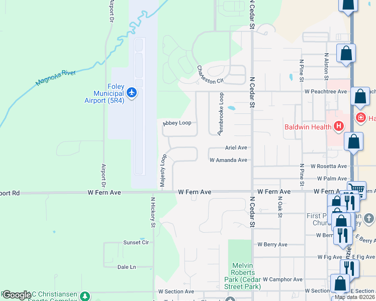 map of restaurants, bars, coffee shops, grocery stores, and more near 1459 Majesty Loop in Foley