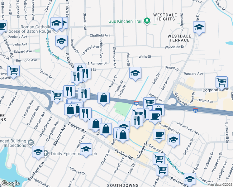 map of restaurants, bars, coffee shops, grocery stores, and more near 2681 Valley Street in Baton Rouge