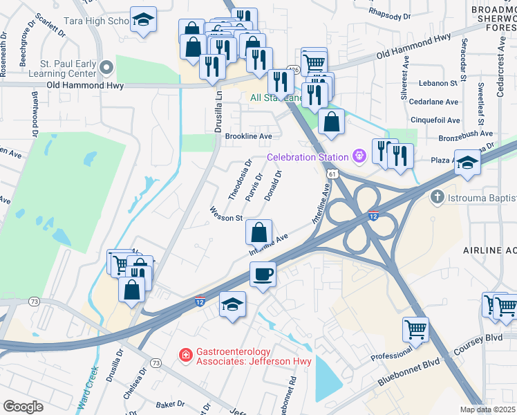 map of restaurants, bars, coffee shops, grocery stores, and more near 2830 Donald Drive in Baton Rouge