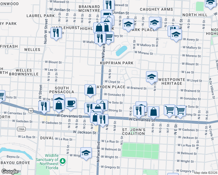 map of restaurants, bars, coffee shops, grocery stores, and more near 1125 Hayden Court in Pensacola