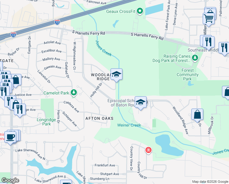 map of restaurants, bars, coffee shops, grocery stores, and more near 3040 Tall Timbers Road in Baton Rouge