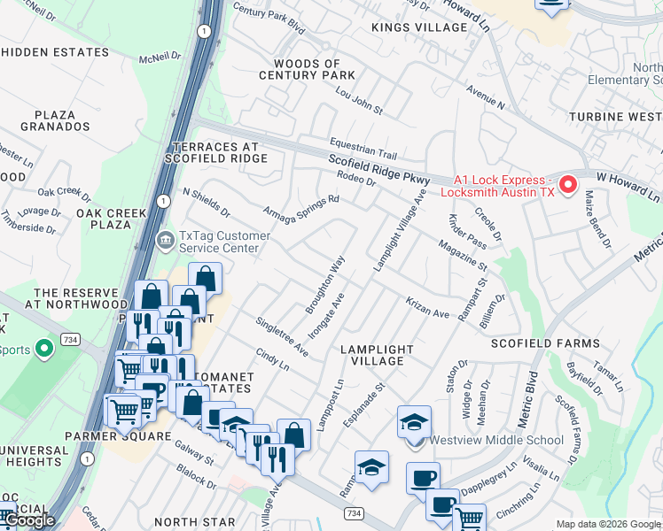 map of restaurants, bars, coffee shops, grocery stores, and more near 2201 Broughton Court in Austin