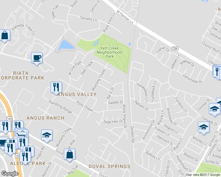 map of restaurants, bars, coffee shops, grocery stores, and more near 12300 Bar-X Drive in Austin
