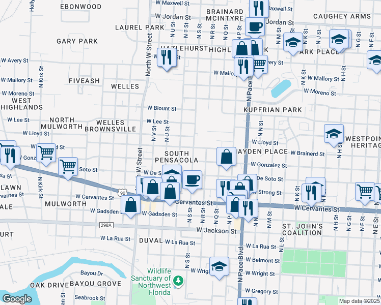 map of restaurants, bars, coffee shops, grocery stores, and more near 1109 North S Street in Pensacola