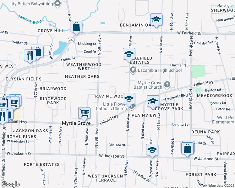 map of restaurants, bars, coffee shops, grocery stores, and more near 6510 Colonade Circle in Pensacola