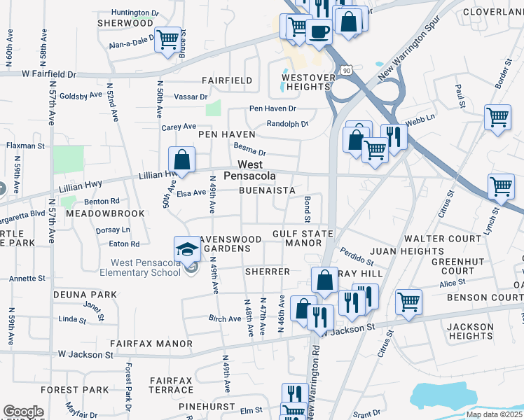 map of restaurants, bars, coffee shops, grocery stores, and more near 8 Bertram Street in Pensacola