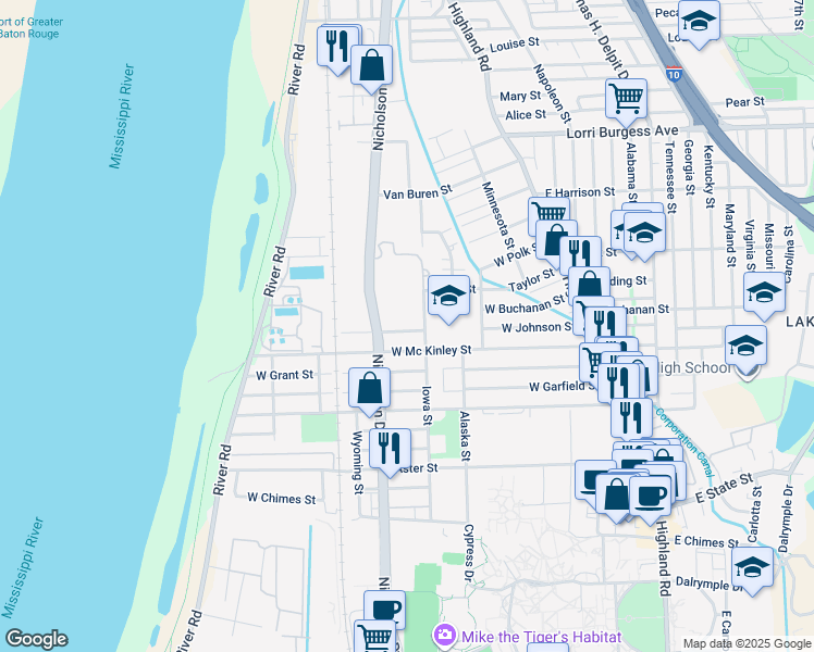 map of restaurants, bars, coffee shops, grocery stores, and more near 848 West Johnson Street in Baton Rouge