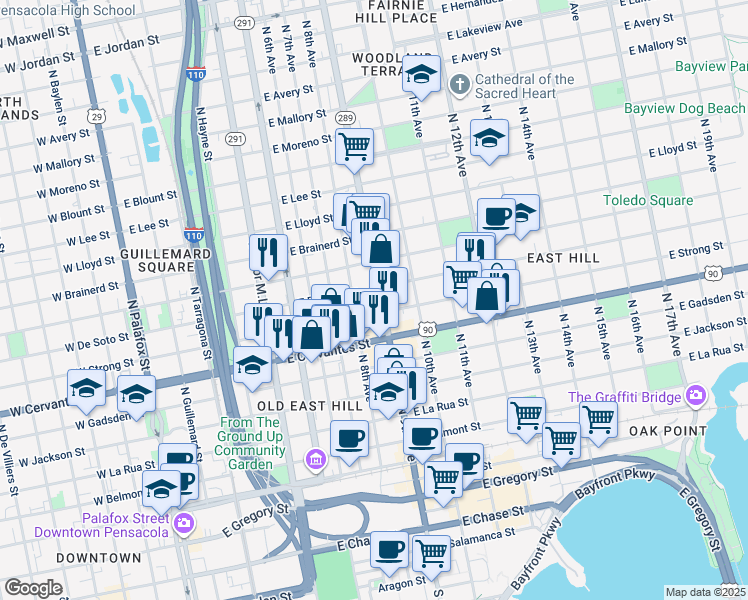 map of restaurants, bars, coffee shops, grocery stores, and more near 1116 North 9th Avenue in Pensacola
