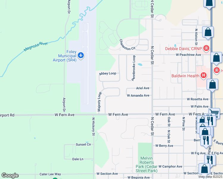 map of restaurants, bars, coffee shops, grocery stores, and more near 1459 Majesty Loop in Foley