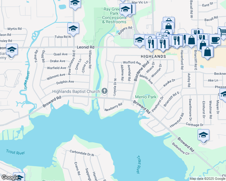 map of restaurants, bars, coffee shops, grocery stores, and more near 10428 Loyola Drive North in Jacksonville