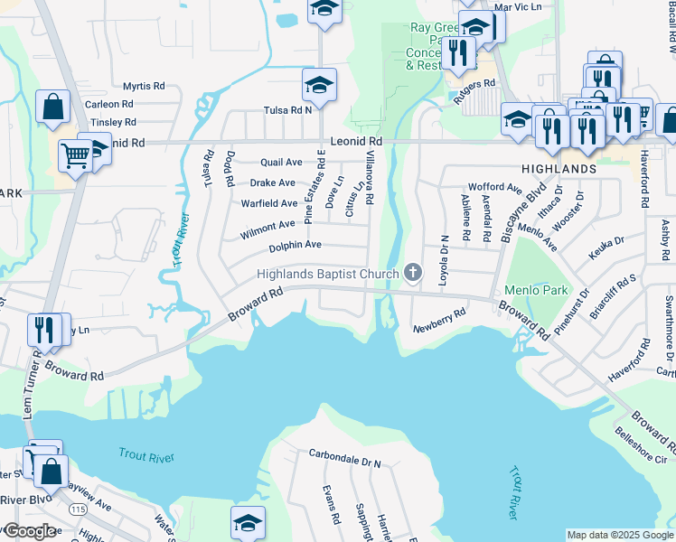 map of restaurants, bars, coffee shops, grocery stores, and more near 2354 Gayland Road in Jacksonville
