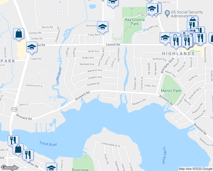 map of restaurants, bars, coffee shops, grocery stores, and more near 2354 Gayland Road in Jacksonville