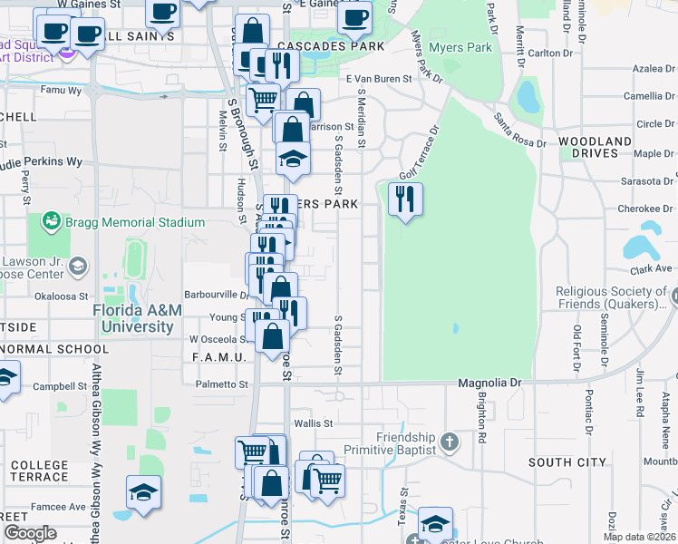 map of restaurants, bars, coffee shops, grocery stores, and more near 1806 South Meridian Street in Tallahassee