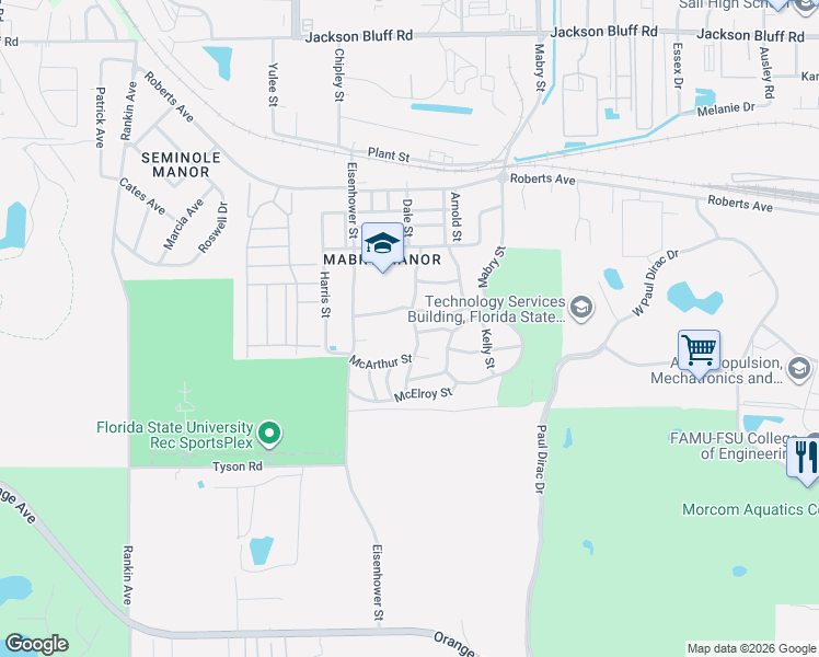 map of restaurants, bars, coffee shops, grocery stores, and more near 1716 Dale Street in Tallahassee