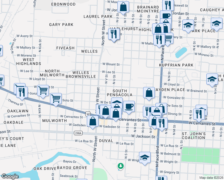 map of restaurants, bars, coffee shops, grocery stores, and more near 1110 North U Street in Pensacola