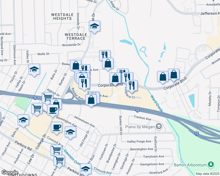 map of restaurants, bars, coffee shops, grocery stores, and more near 8 Corporate Boulevard in Baton Rouge