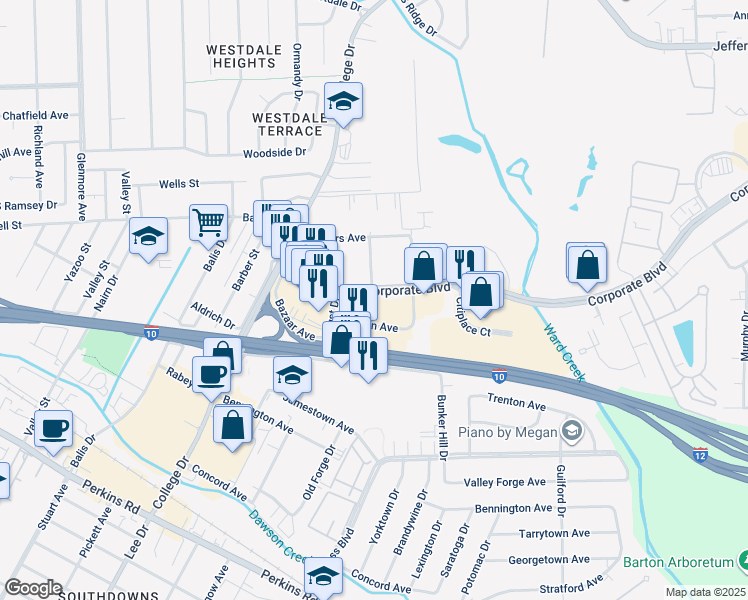 map of restaurants, bars, coffee shops, grocery stores, and more near 5420 Corporate Boulevard in Baton Rouge