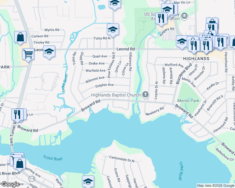 map of restaurants, bars, coffee shops, grocery stores, and more near 2354 Gayland Road in Jacksonville