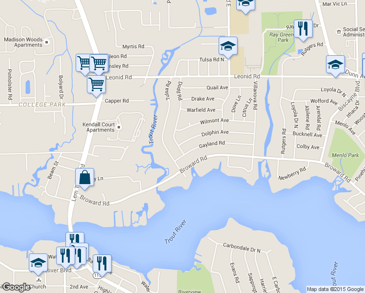 map of restaurants, bars, coffee shops, grocery stores, and more near 2538 Dolphin Avenue in Jacksonville