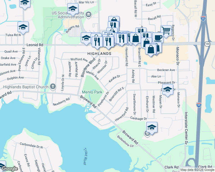map of restaurants, bars, coffee shops, grocery stores, and more near 10409 Keuka Drive in Jacksonville