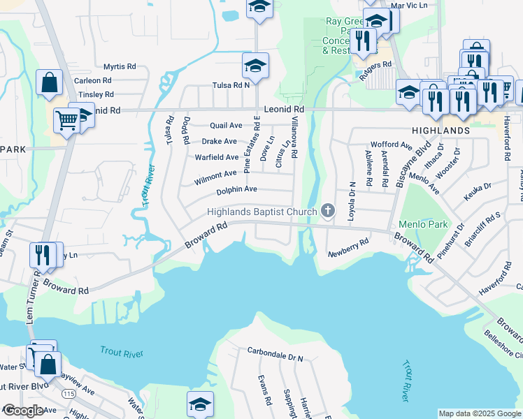 map of restaurants, bars, coffee shops, grocery stores, and more near 2354 Gayland Road in Jacksonville