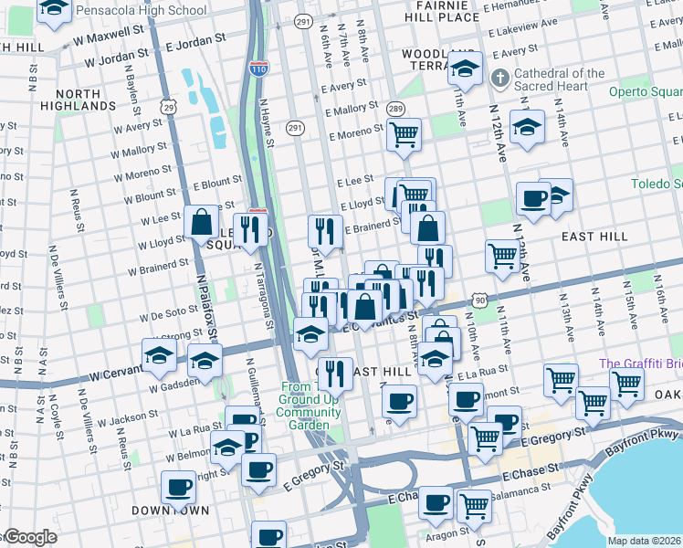 map of restaurants, bars, coffee shops, grocery stores, and more near 1001 Florida 291 in Pensacola