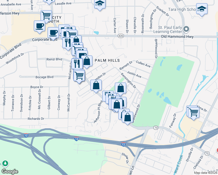 map of restaurants, bars, coffee shops, grocery stores, and more near 8020 Cypress Lake Drive in Baton Rouge