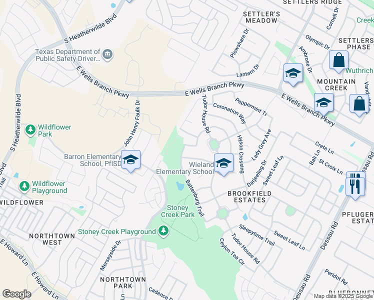 map of restaurants, bars, coffee shops, grocery stores, and more near 604 Battenburg Trail in Pflugerville