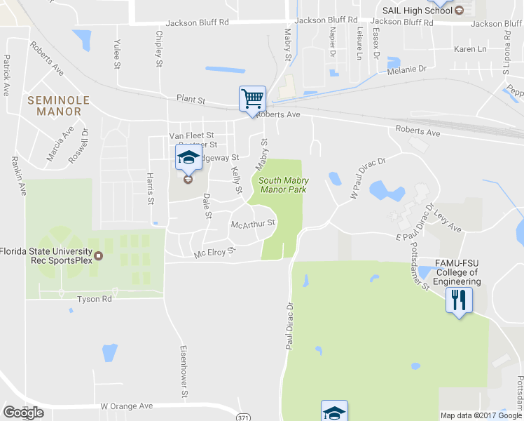 map of restaurants, bars, coffee shops, grocery stores, and more near 2513 Wainwright Street in Tallahassee