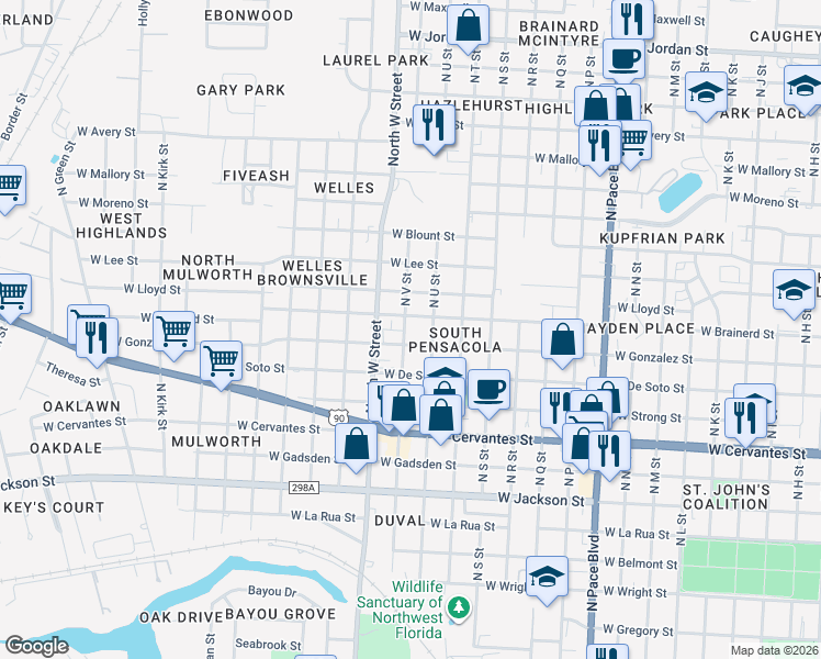 map of restaurants, bars, coffee shops, grocery stores, and more near 1116 North V Street in Pensacola