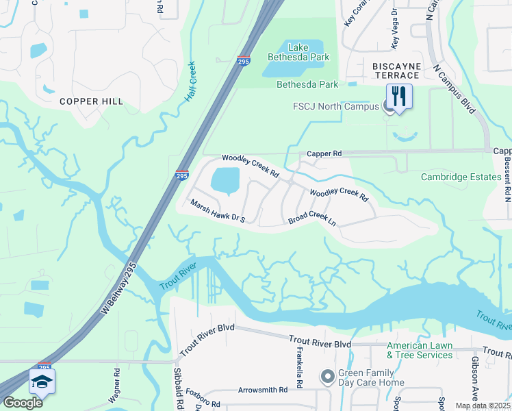 map of restaurants, bars, coffee shops, grocery stores, and more near 10332 Marsh Hawk Drive in Jacksonville