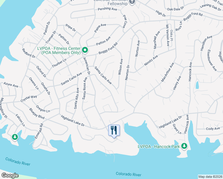 map of restaurants, bars, coffee shops, grocery stores, and more near 21204 Santa Rosa Avenue in Lago Vista